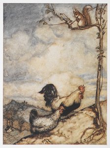 Egy tyúk, kakas és mókus illusztrációja a Chanticleer és Partlet kalandjaiból. alkotó: Arthur Rackham