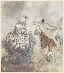 Egy idős házaspár hivatalos ruhában táncolni készül alkotó: Arthur Rackham