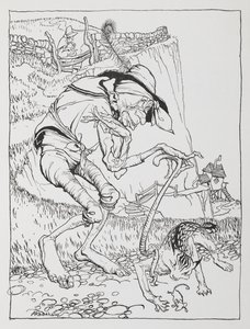 Egy görbe öreg ember görbe macskájával és görbe házával. alkotó: Arthur Rackham