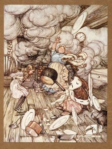Egy szokatlanul nagy serpenyő repült mellette, és majdnem elvitte, az Alices Adventures in Wonderland című filmből, Lewis Carroll, pub. 1907 alkotó: Arthur Rackham