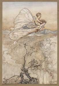 ... És a tündére elküldte, hogy vigye el a lugamba a tündérországba. A Tündér elrepült a Changlinggel. Jelenet a Szentivánéji álomból. alkotó: Arthur Rackham