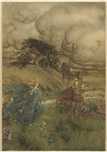 "És most soha nem találkoznak ligetben vagy zöldben" William Shakespeare Szentivánéji álom 2. felvonásának 1. jelenetéből alkotó: Arthur Rackham