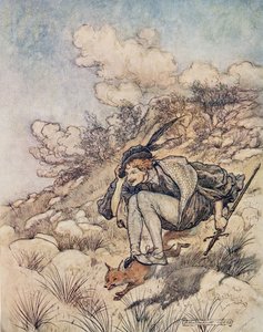 Elrepültek kő és kő felett, olyan tempóban, hogy a haja fütyült a szélben, a Grimm testvérek tündérmeséiből, kocsmából. 1909 alkotó: Arthur Rackham