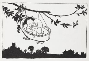 Baba egy ágról lógó kiságyban. alkotó: Arthur Rackham