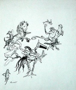 „Madarak, vadállatok és halak zavarba ejtő tömegben száguldottak” – illusztráció a „The Zankiwank and the Bletherwitch” című művéből, S.J. Adair Fitzgerald, 1896-ban megjelent (toll és tinta papíron) alkotó: Arthur Rackham