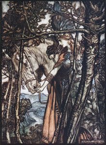 Brünnhilde a kantárnál fogva vezeti lovát. Illusztráció a Rajna aranyhoz és a Valkűrhöz, Richa alkotó: Arthur Rackham
