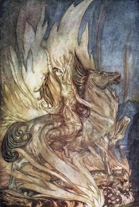 Brünnhilde a Grane-n felugrik Siegfried temetési máglyájára. Illusztráció: Siegfried és a Tw alkotó: Arthur Rackham