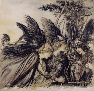 Brunnhilde imádkozik a valkűrökhöz, a Rajna arany és a Valkűr illusztrációja, Richard Wagner, 1910-ben megjelent kiadás (toll, tinta és WC papíron) alkotó: Arthur Rackham