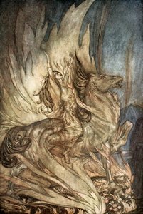 "Brunnhilde on Grane felugrik Siegfried temetési máglyájára", 1924. alkotó: Arthur Rackham