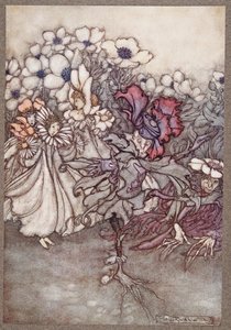 De ha ránézünk, és attól tartanak, hogy nincs ideje elrejtőzni, egészen mozdulatlanul állnak, és virágokat színlelnek. J. M. Barrie (1860–1937), kocsma, Peter Pan a Kensington Gardensben. 1906 alkotó: Arthur Rackham