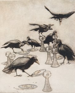 De egymás után mondták: Hallo! Ki evett a tányéromról? Ki ivott már a poharamból? a Grimm testvérek tündérmeséiből, pub. 1909 alkotó: Arthur Rackham