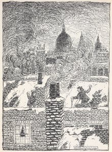 Gyerekek játszanak a háztetőkön a hóban éjjel, a távolban a Szent Pál-templom kupolájával. alkotó: Arthur Rackham