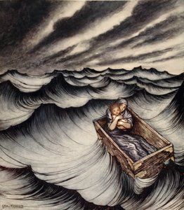 Danae szorosan összekulcsolta gyermekét, illusztrációja Nathaniel Hawthorne „A csodakönyv lányoknak és fiúknak” című művéből alkotó: Arthur Rackham