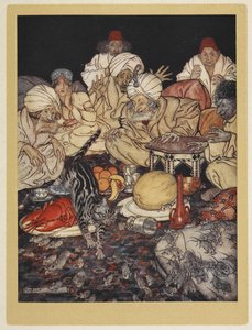 Dick Whittington macskája, aki a mórok királyát lovagolja egereivel. alkotó: Arthur Rackham