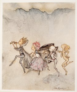 Mindegyik, megbotlik a lábujjában, felmosóval és kaszálóval lesz itt, William Shakespeares illusztrációja: A vihar, kocsma. 1926 alkotó: Arthur Rackham