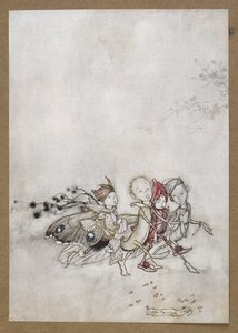 Lépjen be a Peaseblossom, a Cobweb, a Moth és a Mustármag. Jelenet a Szentivánéji álomból. alkotó: Arthur Rackham