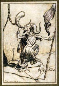 A Barbakán-torony kapujánál hangos, húsz trombitás erejével megfújták a kürtöt, 1907. alkotó: Arthur Rackham