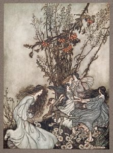 A tündérek soha nem mondják, hogy boldognak érezzük magunkat, amit mondanak: Táncosan zuhantunk, Peter Pan-től a Kensington Gardensben, J M Barrie (1860-1937), pub. 1906 alkotó: Arthur Rackham