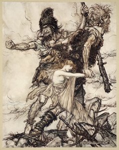 Fasolt hirtelen megragadja Freiát, és féloldalra rántja Fafnerrel, a Rajnaarany és a Valkűr illusztrációja, 1910 alkotó: Arthur Rackham