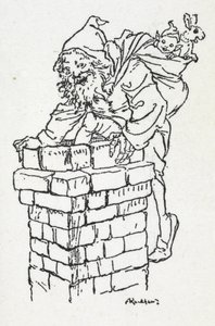 Mikulás mászik le a kéményen egy zsák ajándékkal alkotó: Arthur Rackham