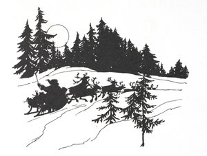 Mikulás egy havas erdőben utazik a szánján alkotó: Arthur Rackham