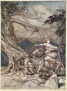 „Fricka mérgesen közeledik”, 1910. alkotó: Arthur Rackham
