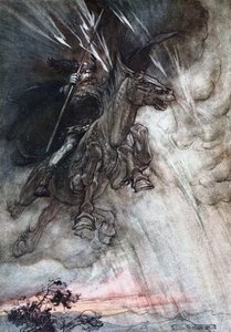 Wotan dühösen a sziklához lovagol. Illusztráció a Rajna aranyhoz és a Valkűrhöz, Richardtól alkotó: Arthur Rackham