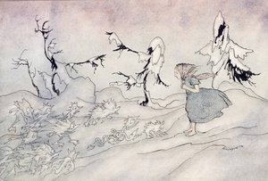 Gerdát megrémíti a Hókirálynők elővédje, de azt mondta, hogy Miatyánk, és kis fényes angyalok mentették meg, illusztráció Hans Christian Andersen Hókirálynőjéből, 1932-ben (wc & i alkotó: Arthur Rackham