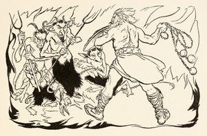 Goll mac Morna a pokolba támad, hogy megmentse Fionnt és a Fianna-Finnt az ír tündérmesékben szereplő The Little Brawl at Allenből alkotó: Arthur Rackham