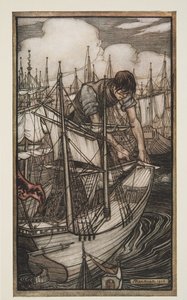 Gulliver megragadja az ellenség flottáját, a Gullivers Travelsből, Jonathan Swift (1667-1745), pub. 1909 alkotó: Arthur Rackham