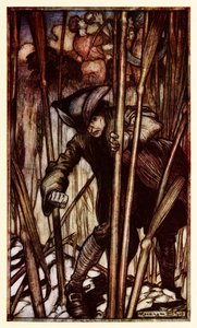 Gullivert első pillantásra félelem éri a Brobdingnagian kaszások a II. rész: Utazás Brobdingnag felé a Gullivers utazások című filmben (Jonathan Swift) alkotó: Arthur Rackham