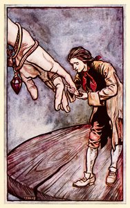 Gulliver kezet csókol Brobdingnagian királynőjének a II. részből: Utazás Brobdingnagba a Gullivers utazásokban (Jonathan Swift) alkotó: Arthur Rackham