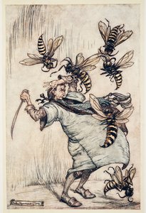 Gulliver harca a darazsakkal, Jonathon Swift (1667-1745) Gulliver utazásaiból, pub. 1909 (színes litó) alkotó: Arthur Rackham