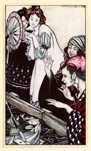 Gullivers találkozás a békával a II. részből: Utazás Brobdingnagba a Gullivers utazásokban, Jonathan Swift alkotó: Arthur Rackham