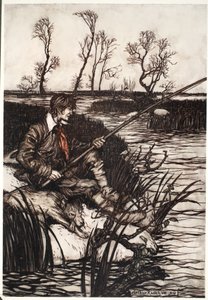 Egész nap egy vizes sziklán ült és horgászott. Rip Van Winkle-től Washington Irvingtől, kocsmából. 1910 alkotó: Arthur Rackham