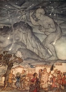 Herkules nagyot rántott a vállával, illusztráció Nathaniel Hawthorne "A Wonder Book for Girls and Boys" című könyvéből, 1928. alkotó: Arthur Rackham