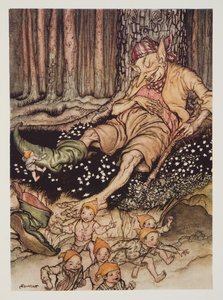 Hop-o-hüvelykujj halkan felment az Ogre-ba, és lehúzta hétbajnoki csizmáját, a The Arthur Rackham Fairy Book kocsmából. 1933 alkotó: Arthur Rackham