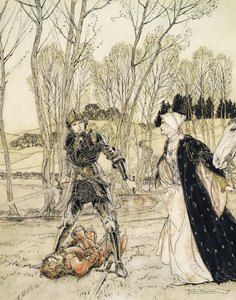 Hogyan győzte le Beaumains a Vörös Lovagot, és a damosel mindig sok csúnya szót szólt hozzá (toll, tinta és wc) alkotó: Arthur Rackham