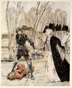 Hogyan győzte le Beaumains a Vörös Lovagot, és a leány mindig sok csúnya szót szólt hozzá, illusztrációja Alfred W. Pollard „Artúr király és a kerekasztal lovagjainak románca” című művéből, 1910 alkotó: Arthur Rackham