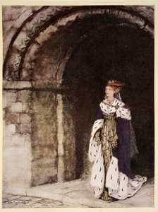 Hogyan jött elő Dame Lionesse hercegnőként felöltözve, illusztráció Alfred W. Pollard „Artúr király és a kerekasztal lovagjai románcából”, 1910 alkotó: Arthur Rackham