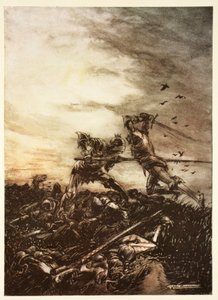 Hogyan ölte meg Mordredet Arthur, és hogyan sebesítette meg Arthurt halálra, illusztráció Alfred Pollard „Artúr király és a kerekasztal lovagjai románca” című művéből.