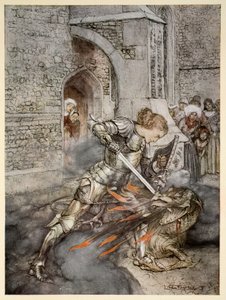 Hogyan küzdött meg Sir Lancelot egy barátságos sárkánnyal, illusztráció Alfred W. Pollard "The romance of King Arthur and his knights of the Round Table" című művéből, 1910. alkotó: Arthur Rackham