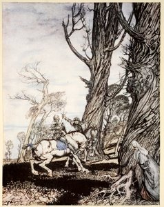 Hogyan ölte meg Sir Launcelot a lovagot, Sir Peris de Forest Savage-et, ami szorongatta a hölgyeket, damoseleket és úriasszonyokat, illusztráció „Artúr király és a kerekasztal lovagjainak románcából” A. alkotó: Arthur Rackham