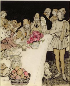 Hogy egy nagy lakomán, amelyet Márk király rendezett, eljött Eliot, a hárfás, és elénekelte a fekvést, amit Dinadan készített (toll és tinta, wc) alkotó: Arthur Rackham