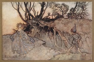 – Hogyne, lélek! Merre vándorolsz? Korong és egy tündér. Jelenet a Szentivánéji álomból. alkotó: Arthur Rackham