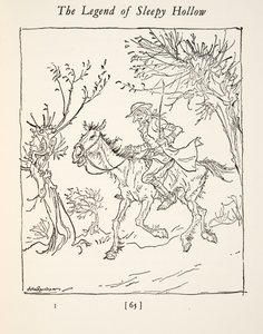 Ichabod Crane menekül a fejetlen lovas elől, Washington Irving (1783-1859) The Legend of Sleepy Hollow című kocsmájából. 1928 alkotó: Arthur Rackham