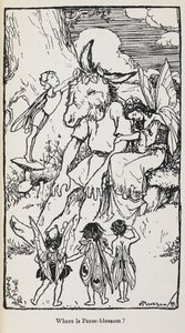 Illusztráció a Szentivánéji álomból tündérekkel és egy szamárfejű emberrel. alkotó: Arthur Rackham