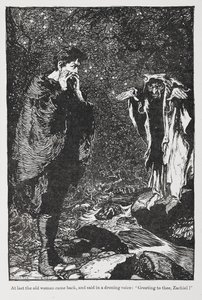 Illusztráció: Jorinda és Joringel, Zachiel és az öregasszony. alkotó: Arthur Rackham