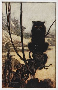 Illusztráció Jorindától és Joringeltől egy fekete macskáról. alkotó: Arthur Rackham