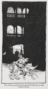 Illusztráció az Aranymadárból, amikor a herceg elviszi a leányzót lóháton. alkotó: Arthur Rackham